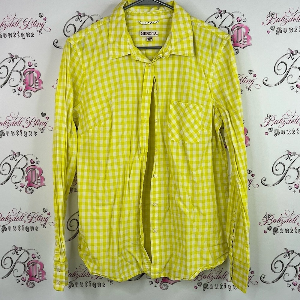 Merona button down gingham picnic stripes shirt top Yellow Plaid Casual Shirt